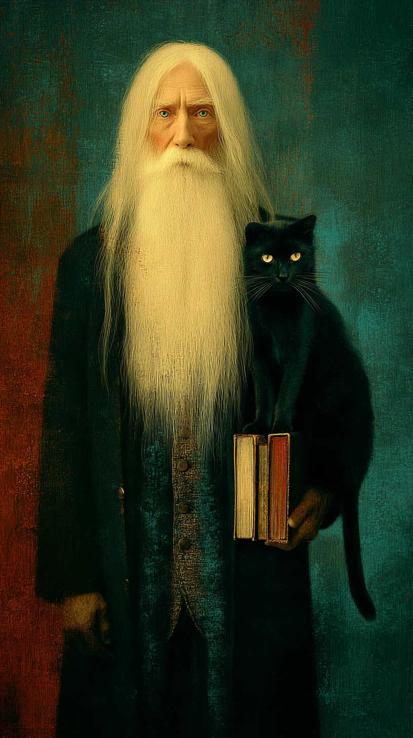 Professor und schwarze Katze erkunden eine überflutete surreale Bibliothek