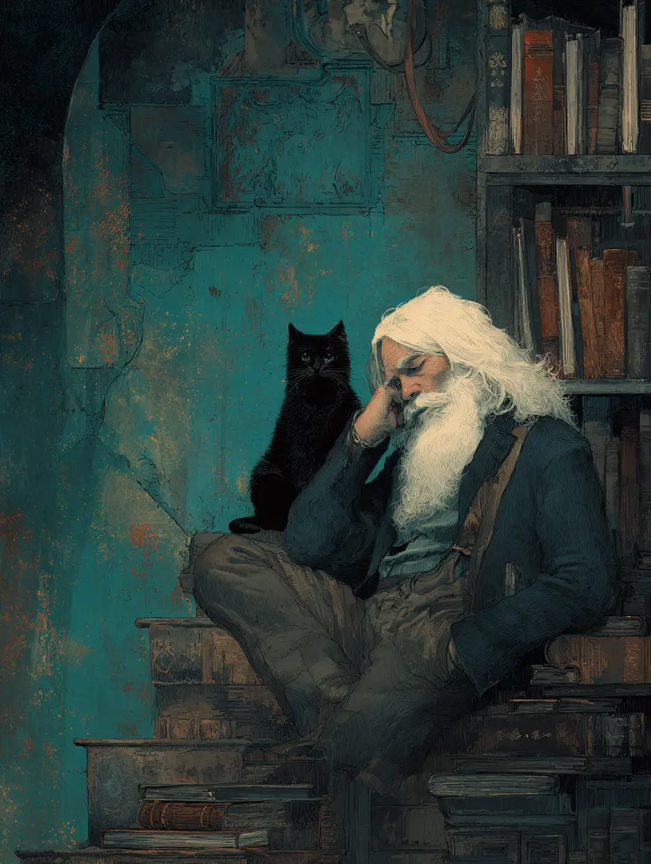 Old professor and black cat in a surreal drowned library