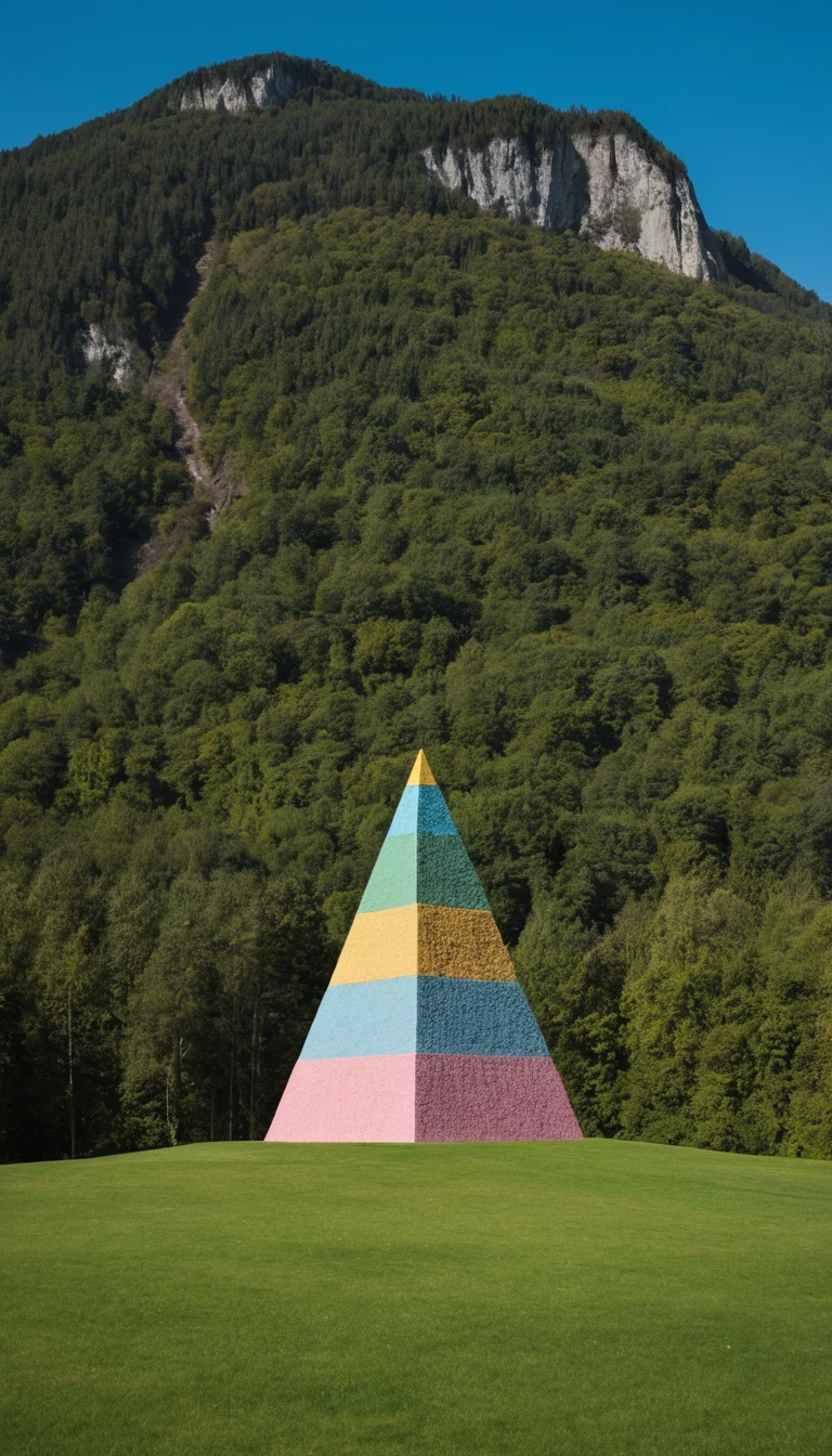 Piramide umana di acrobati in una valle di montagna illuminata dal sole