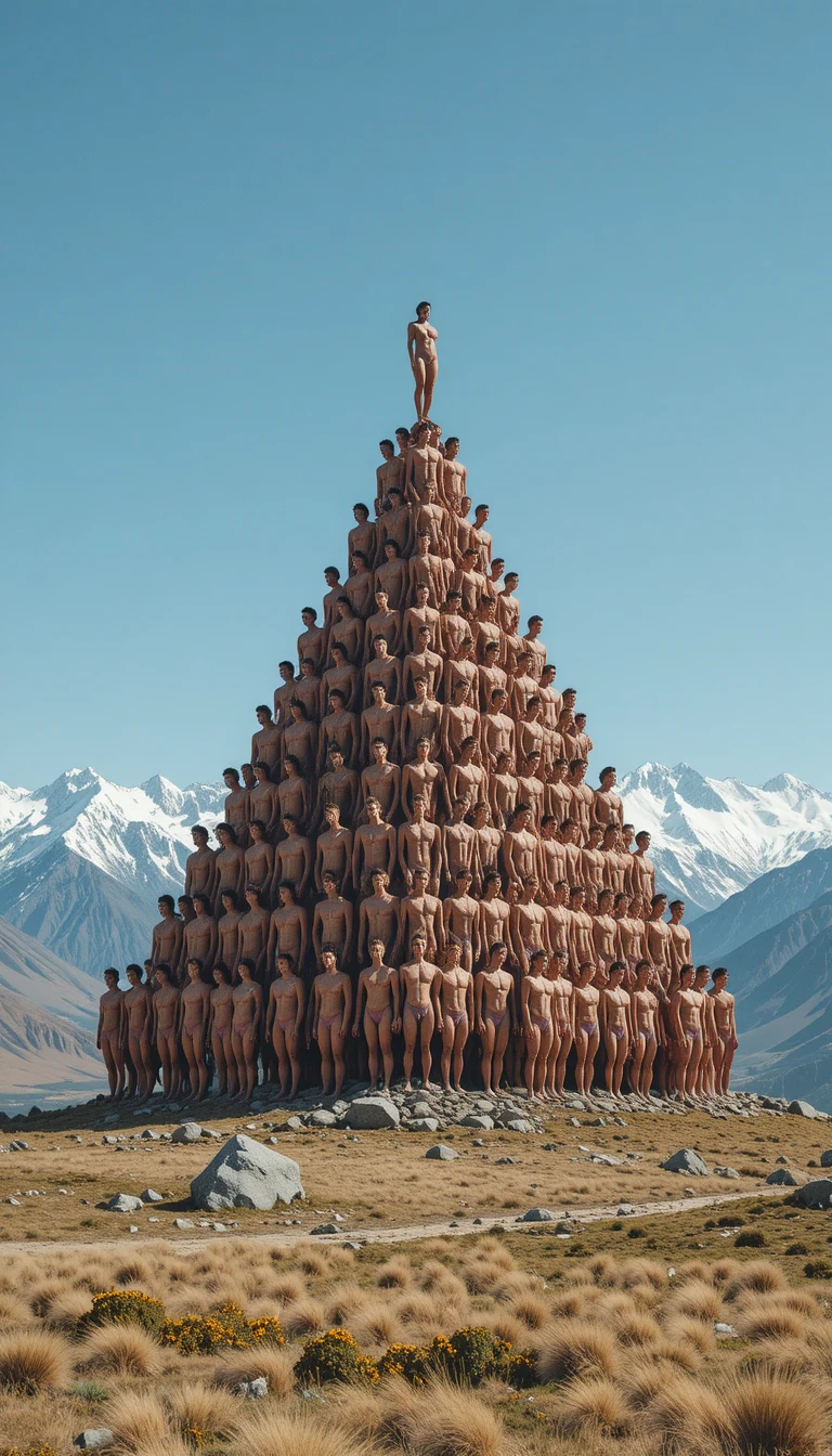 Piramide umana di acrobati nudi in paesaggio montano soleggiato