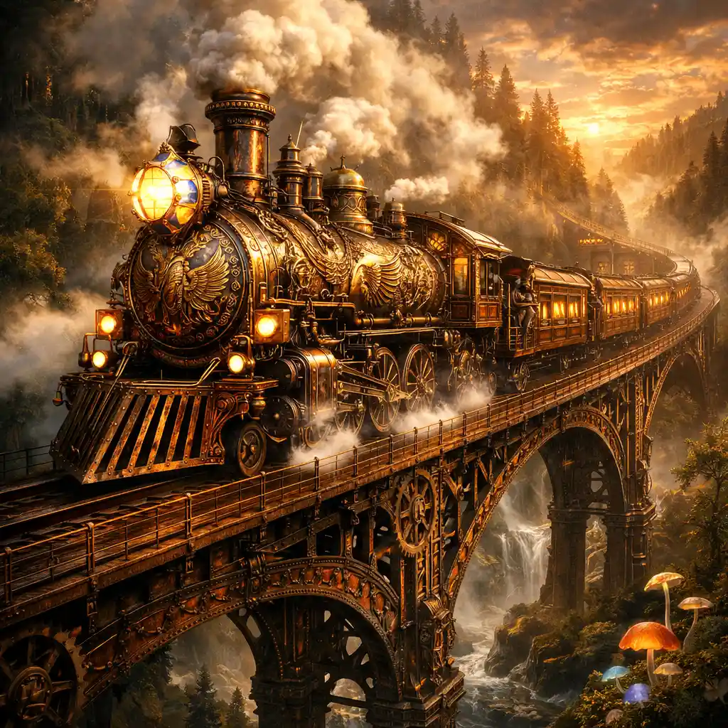 Steampunk Locomotive Crossing Viaduct In Enchanted Forest