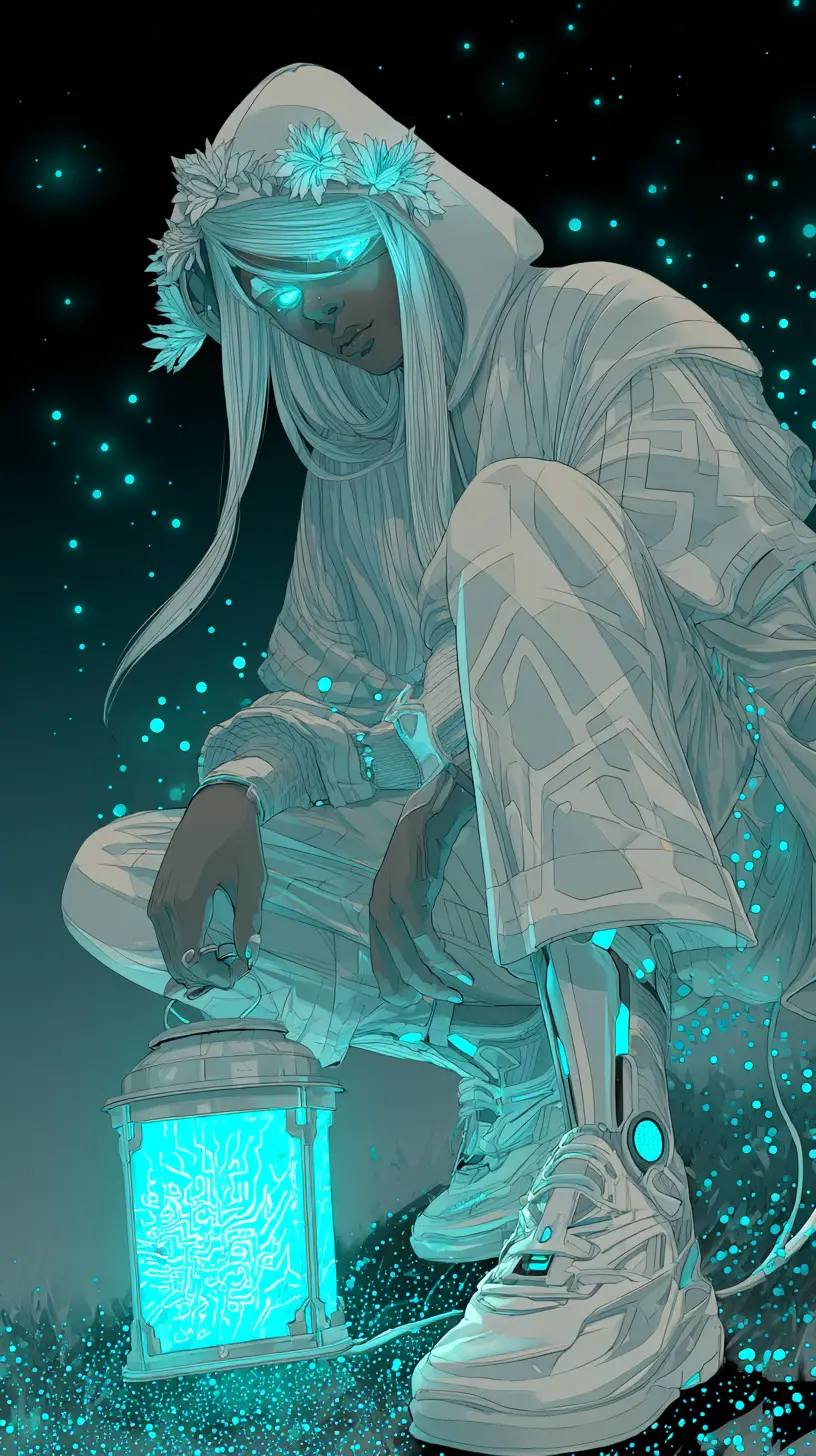 Anime girl with laurel crown and glowing cyber cloak
