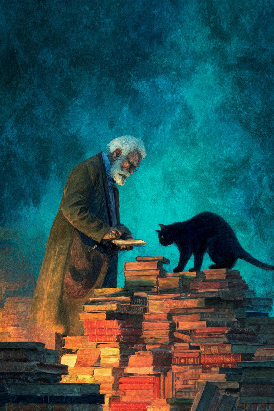 Vecchio professore e alto gatto nero in una biblioteca surreale