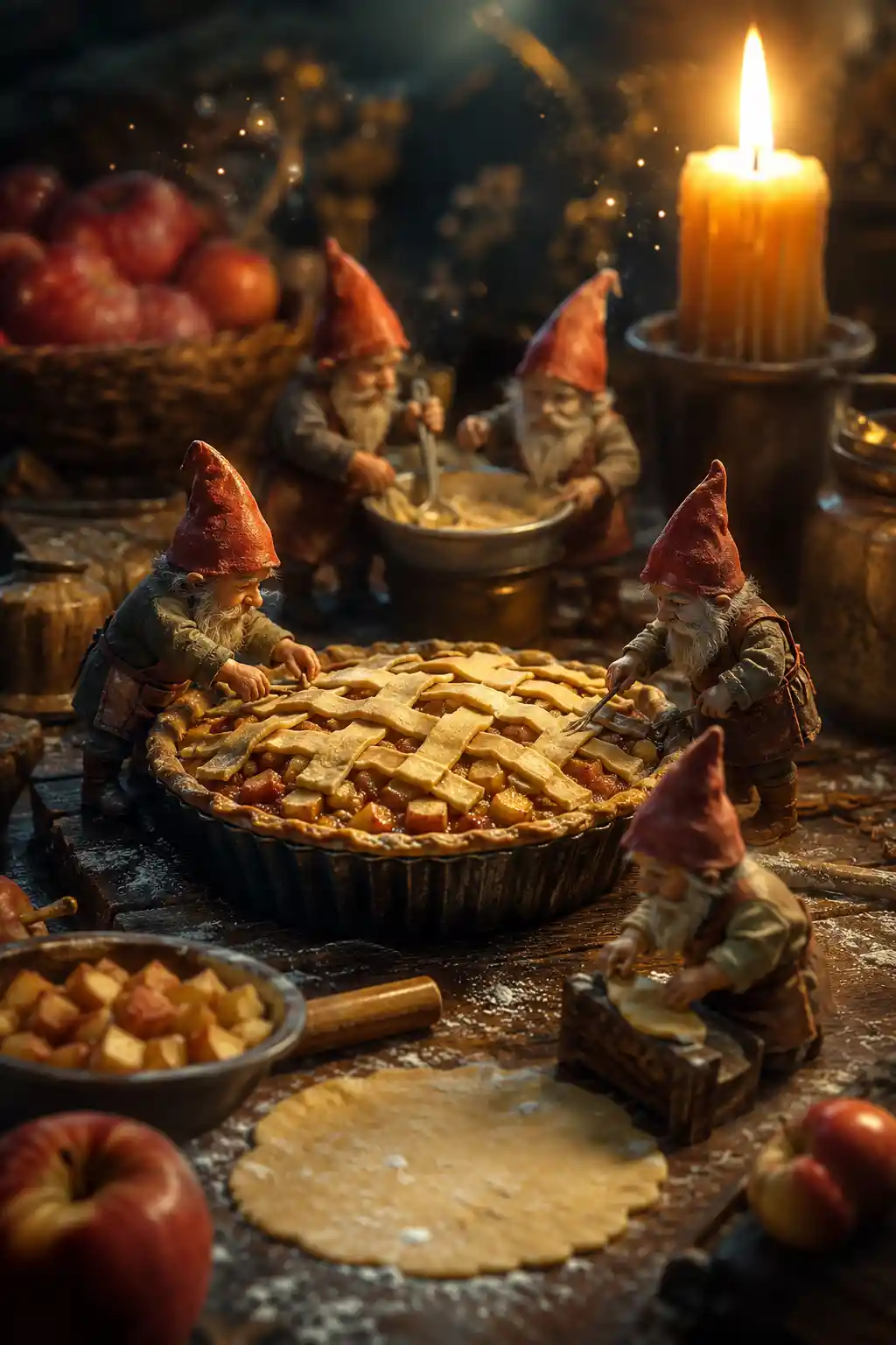Tiny gnomes baking apple pies by candlelight