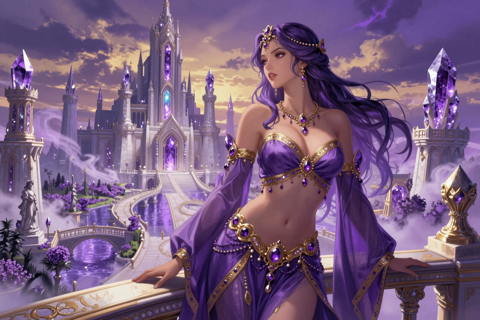 Rainha fantástica régia em uma varanda acima de uma cidade de cristal violeta