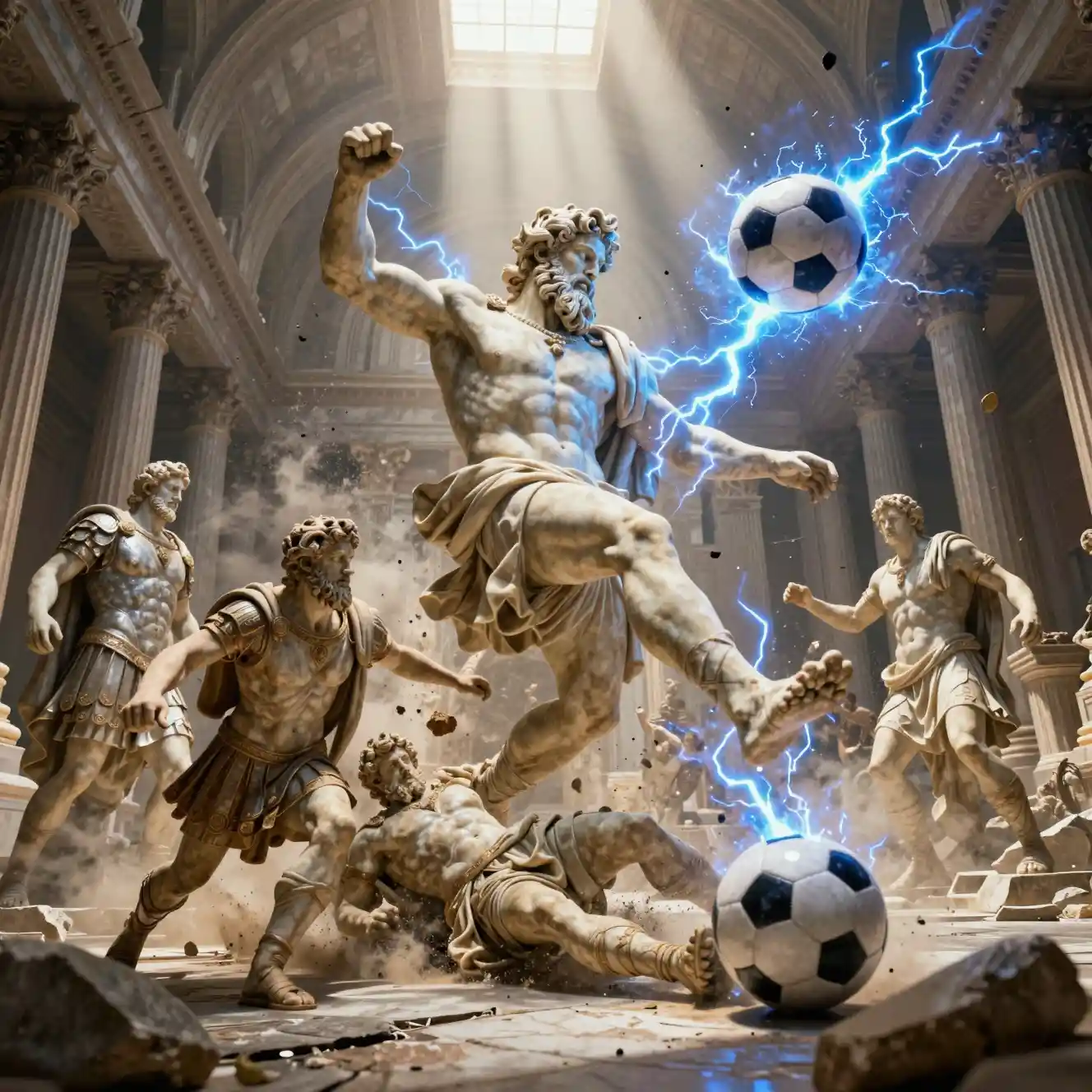 Zeus schießt einen Blitz-Fußball in einer zerfallenen Basilika