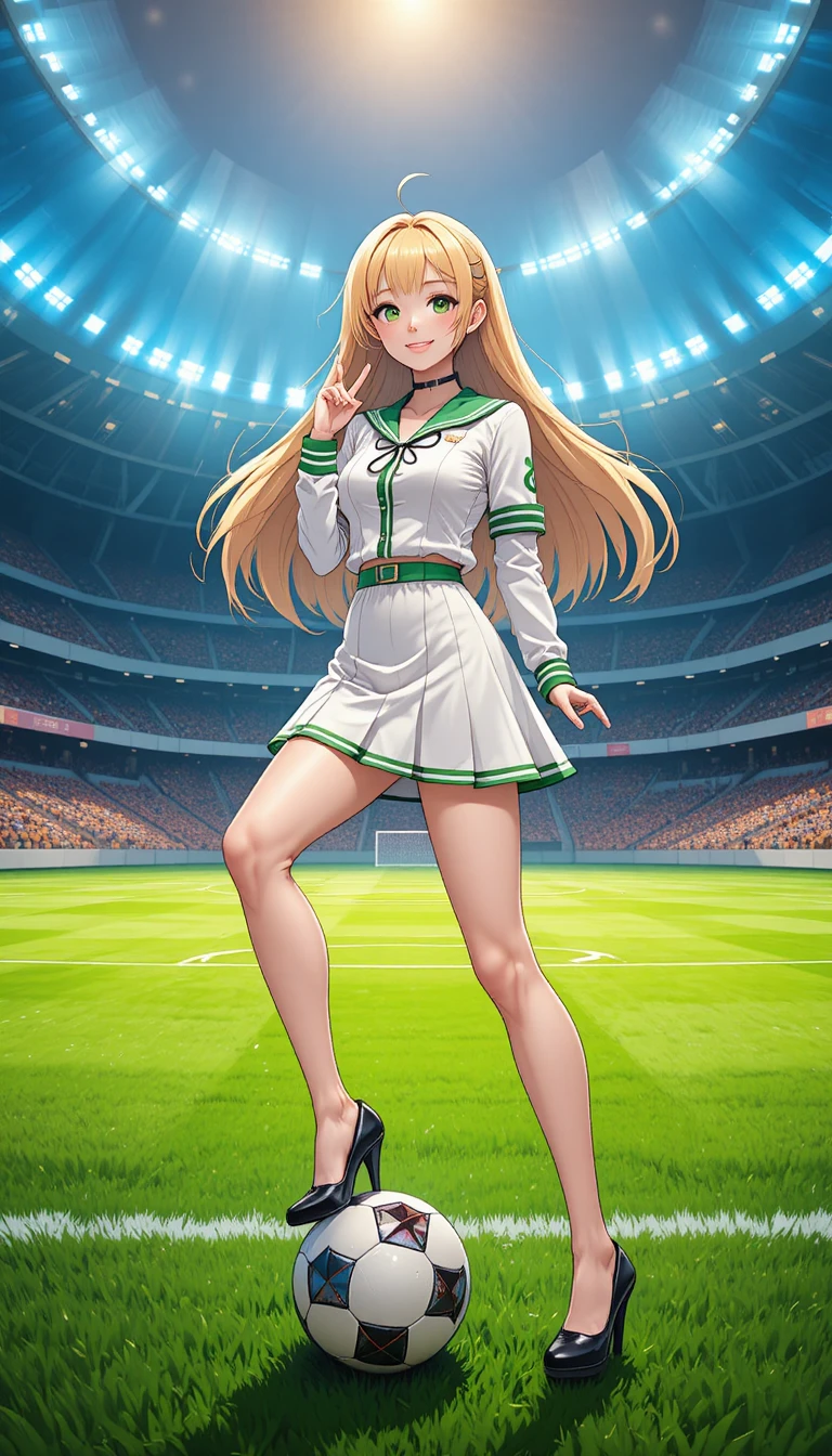 Fröhliches Anime-Mädchen posiert auf dem Fußballfeld im Stadion