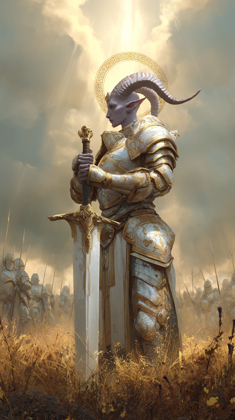 Paladin tiefling sacré sur un champ de bataille radiant ravagé par la guerre