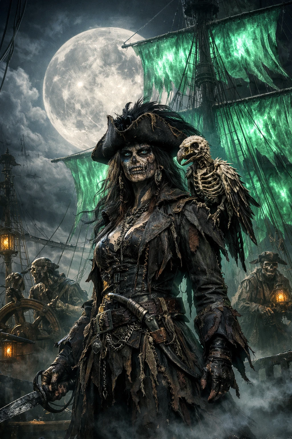 Capitaine pirate morte-vivante sur un vaisseau fantôme sous la pleine lune