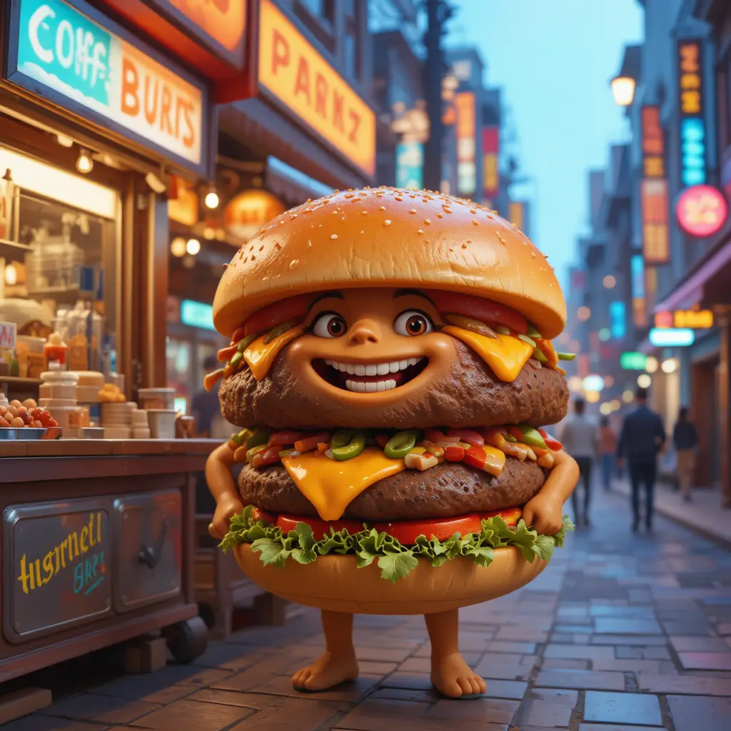 Fröhlicher 3D-Cartoon-Burger neben einem geschäftigen Straßen-Foodtruck