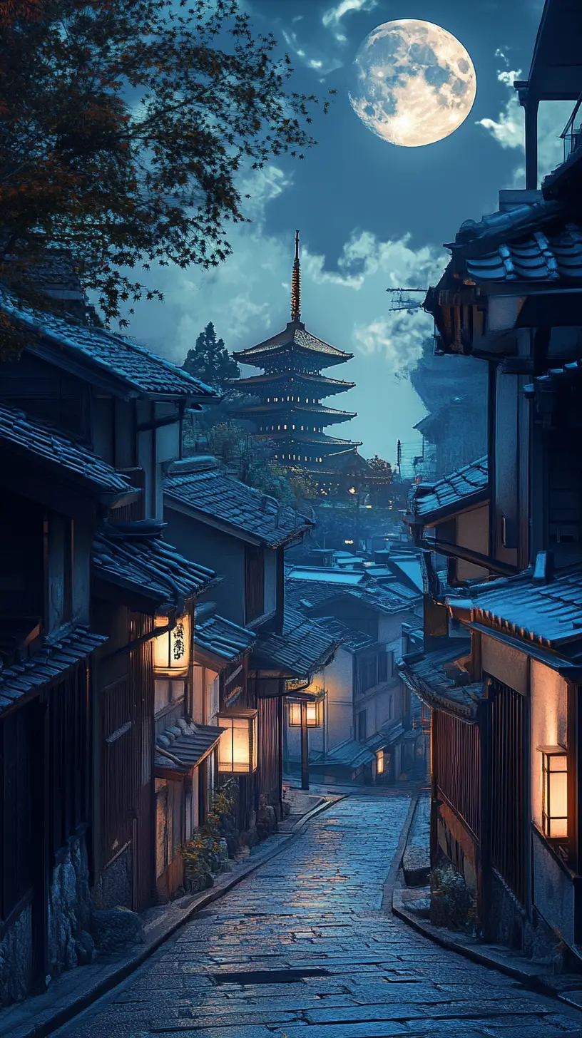 Ruelle japonaise au clair de lune avec temple lointain et fenêtres lumineuses