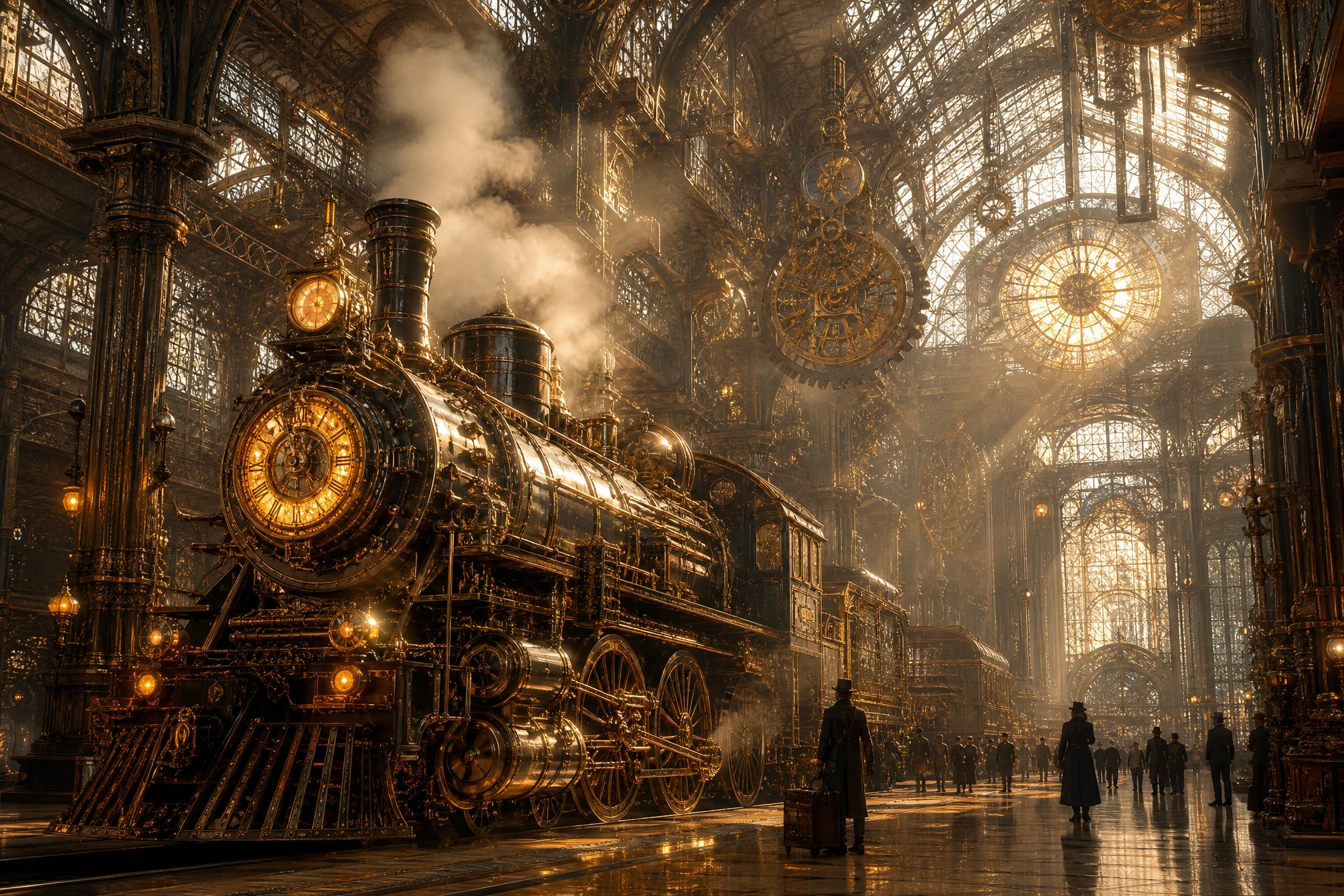 Gare victorienne en fer et verre avec locomotive steampunk