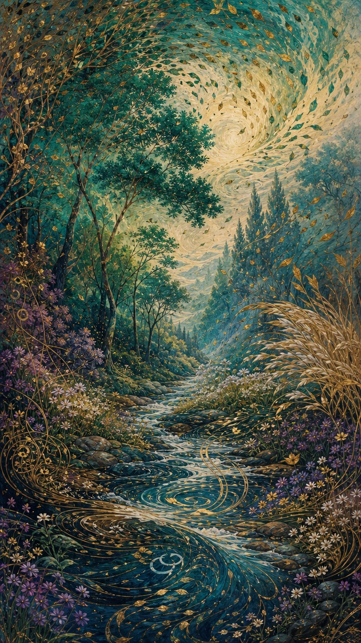 Wald in Bewegung mit Blättern, Blumen, Gras und Bächen