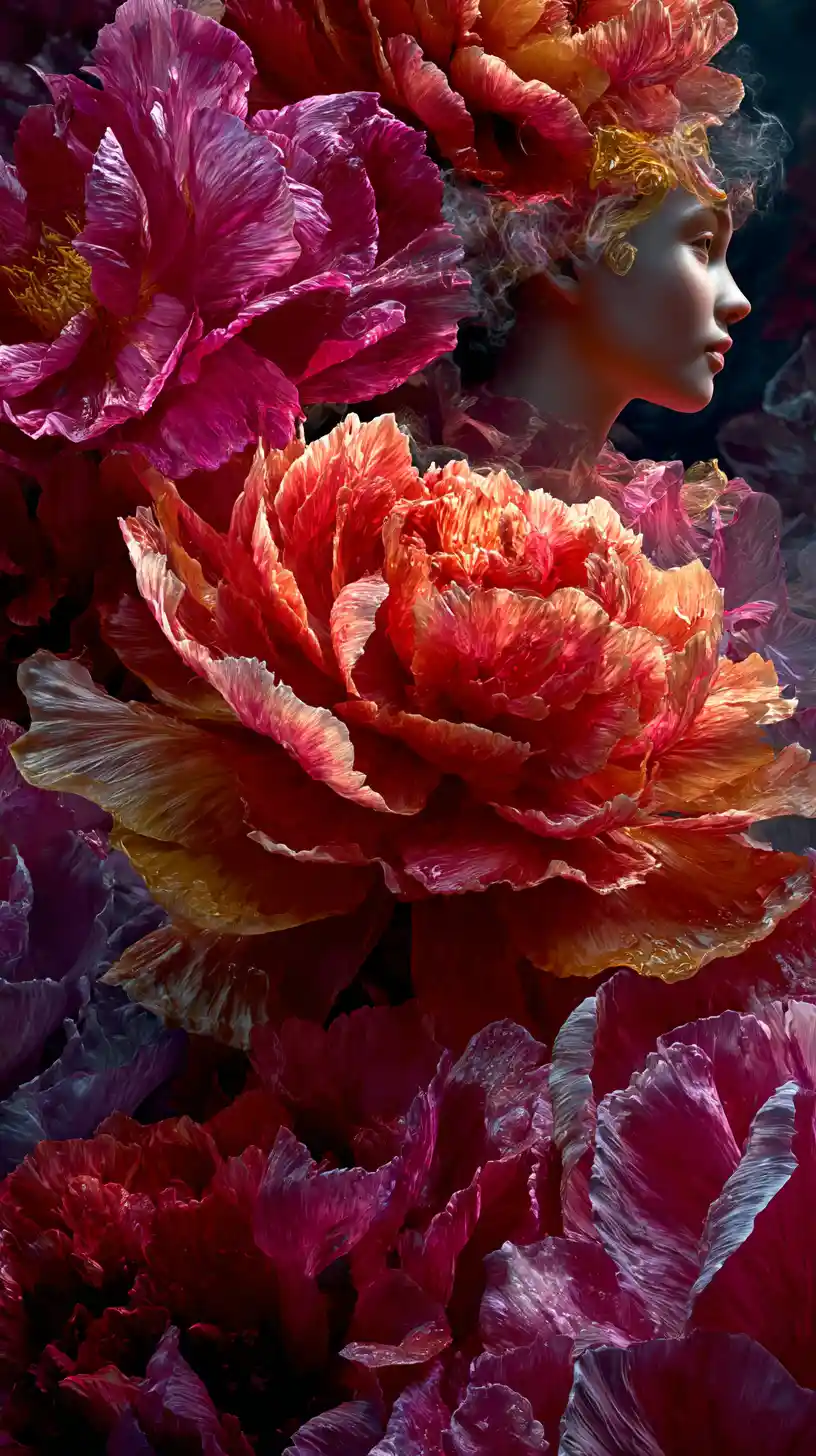 Surreal girl portrait framed by vivid blooming petals