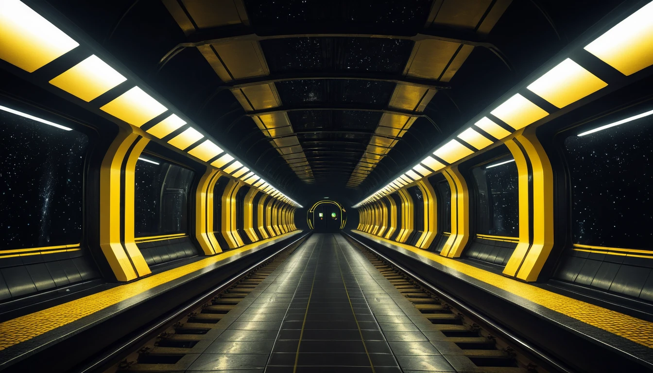 Futuristische U-Bahn-Stadt mit Personenzug und Neonlichtern