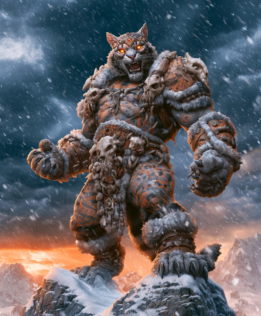 Epico guerriero gatto sulla cima di una montagna innevata al tramonto