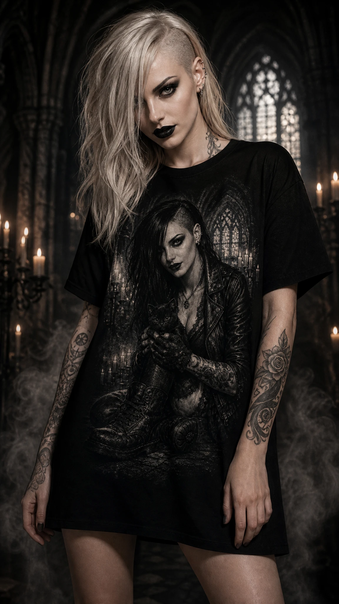 Mulher gótica com camiseta preta de estampa fantasia sombria