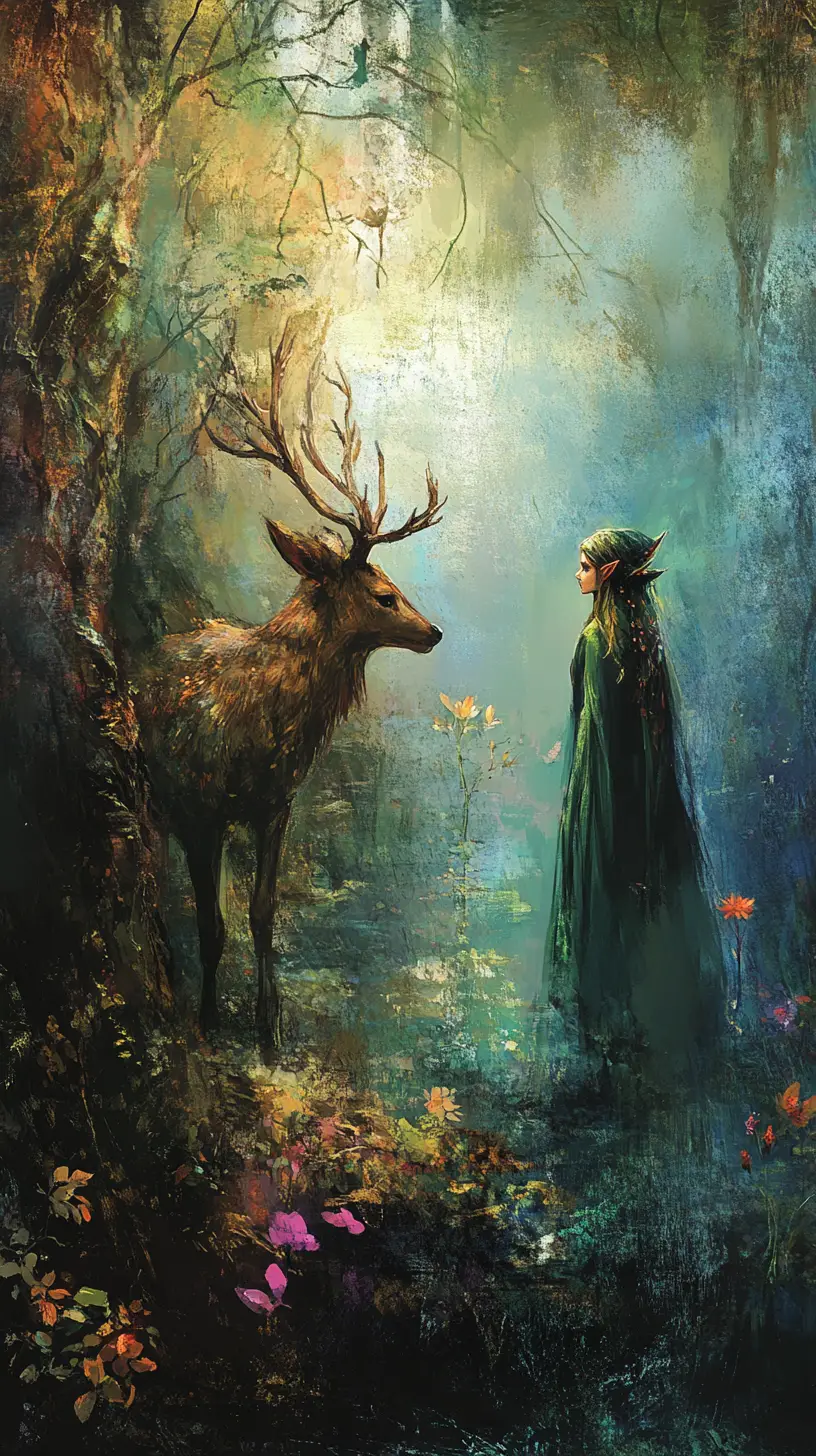 Jeune elfe rencontrant un cerf dans une vision de forêt fluide