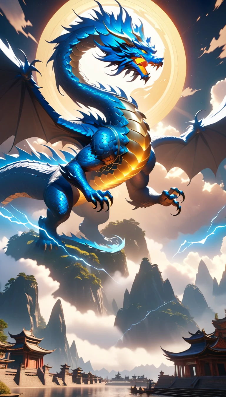 Majestoso dragão celestial sobrevoando montanhas flutuantes