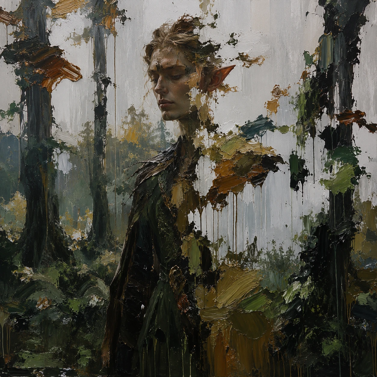 Elfo che si dissolve nella pittura in una foresta incompiuta
