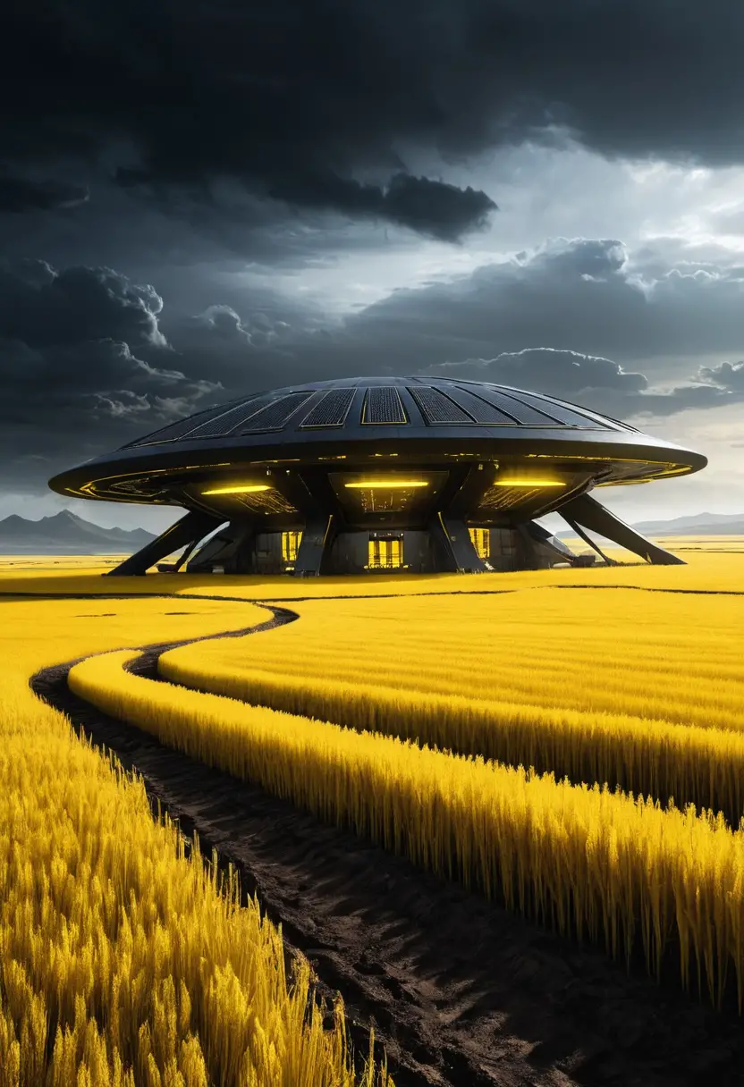 Base militare futuristica su un mondo alieno di erba gialla