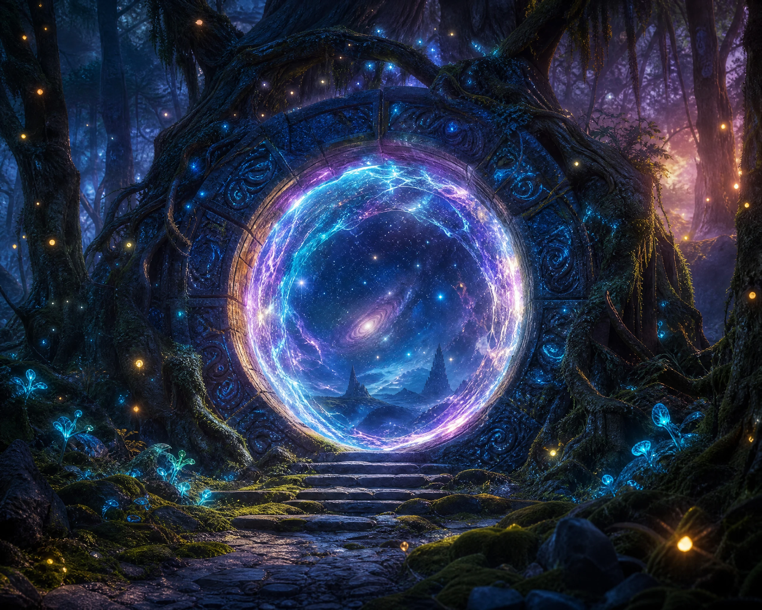 Portal de Pedra Brilhante em uma Floresta Encantada ao Crepúsculo