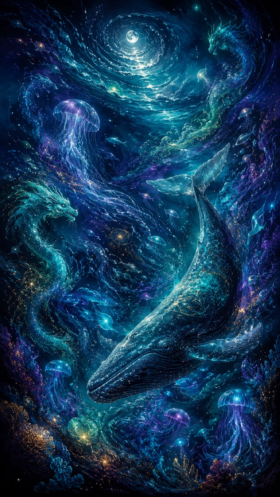 Infinito oceano di mezzanotte con luminosa vita marina bioluminescente