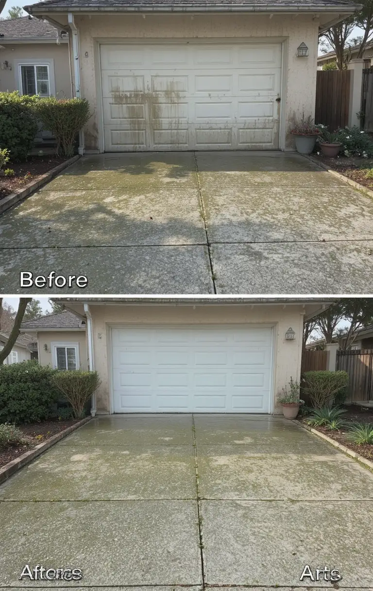 Clean stucco house wall and driveway after pressure washing