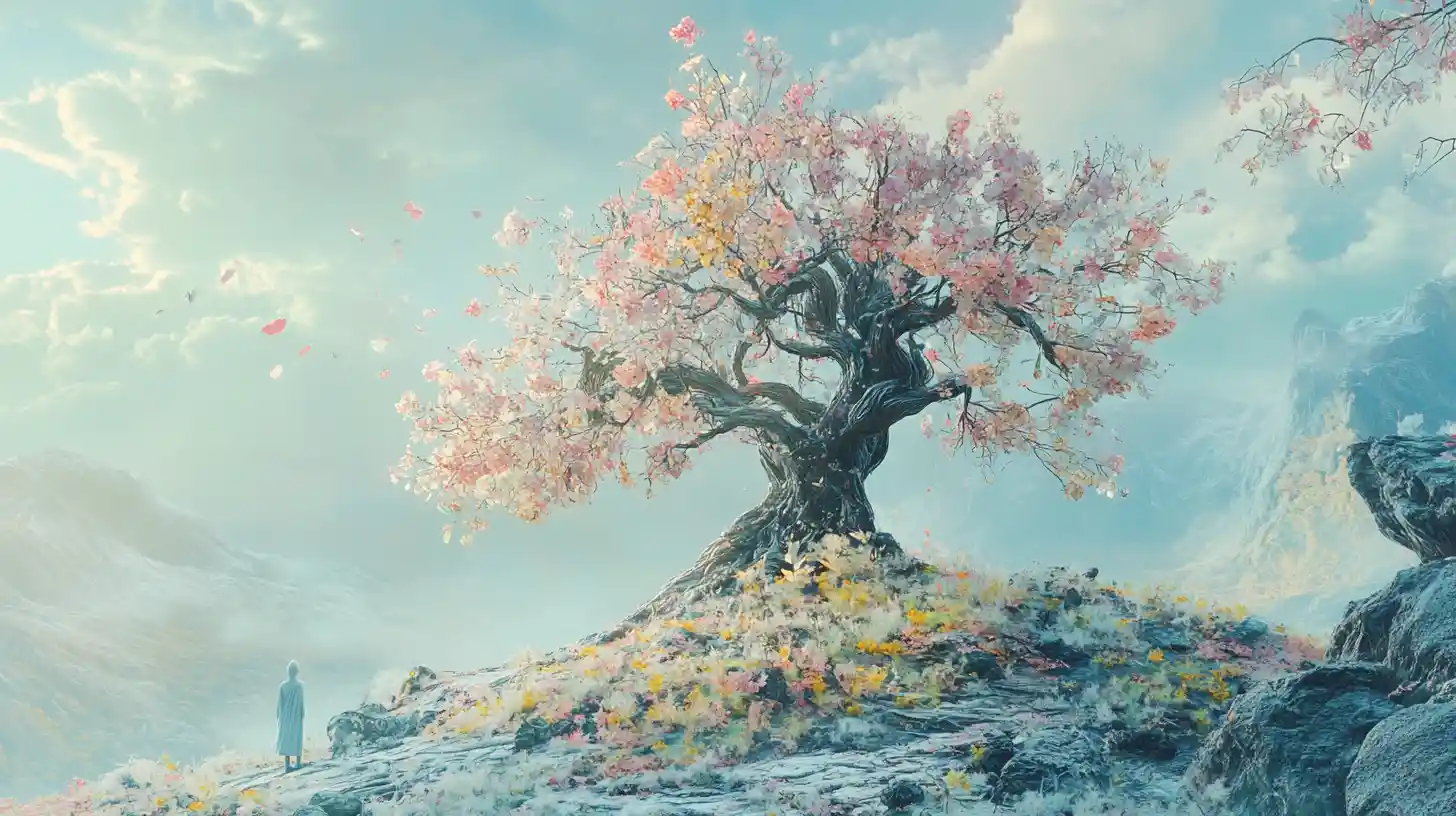 Elf Beside Translucent Botanical Tree In Dreamlike Forest