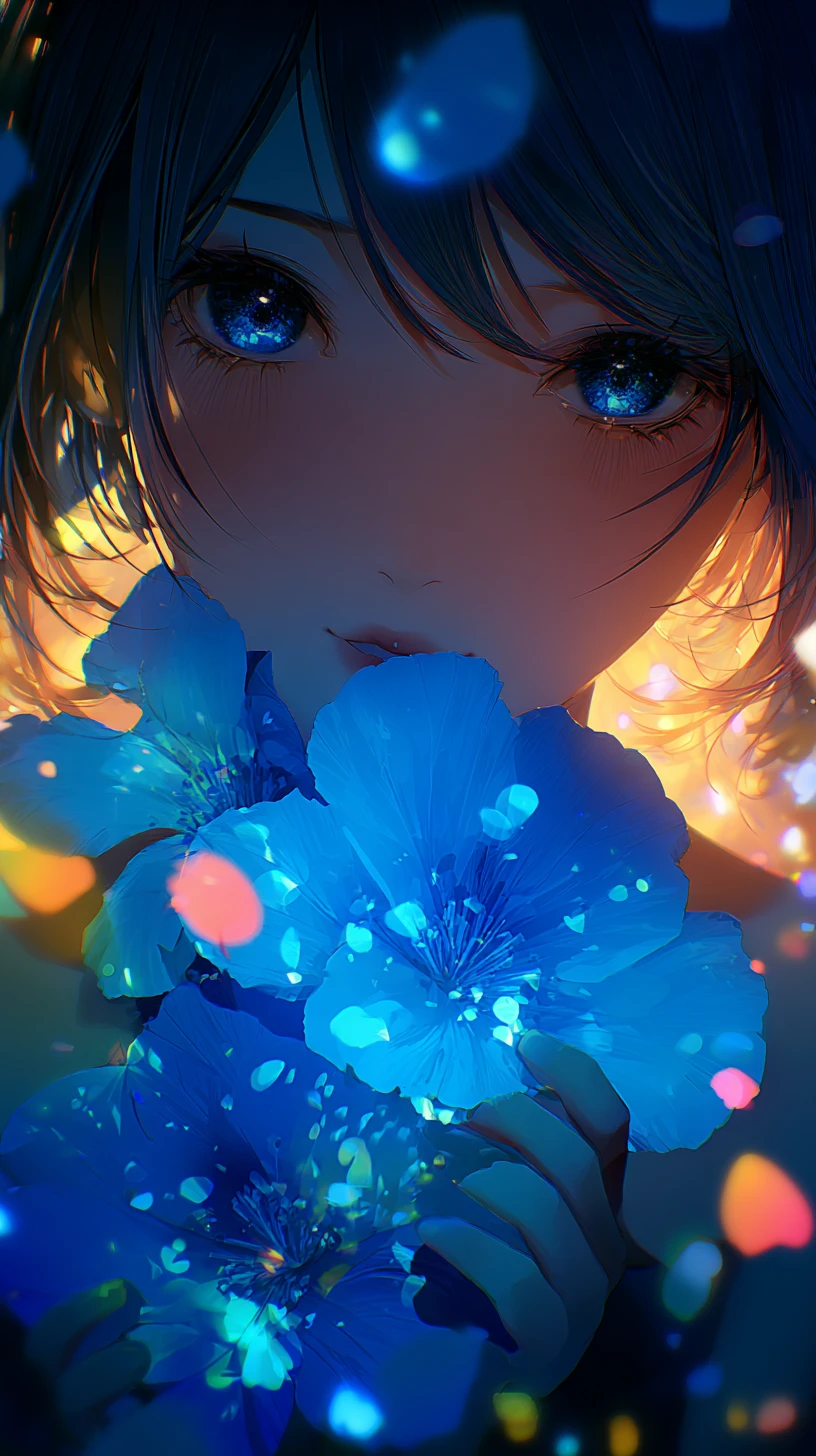 Garota de anime com flor azul brilhante em luz dos sonhos