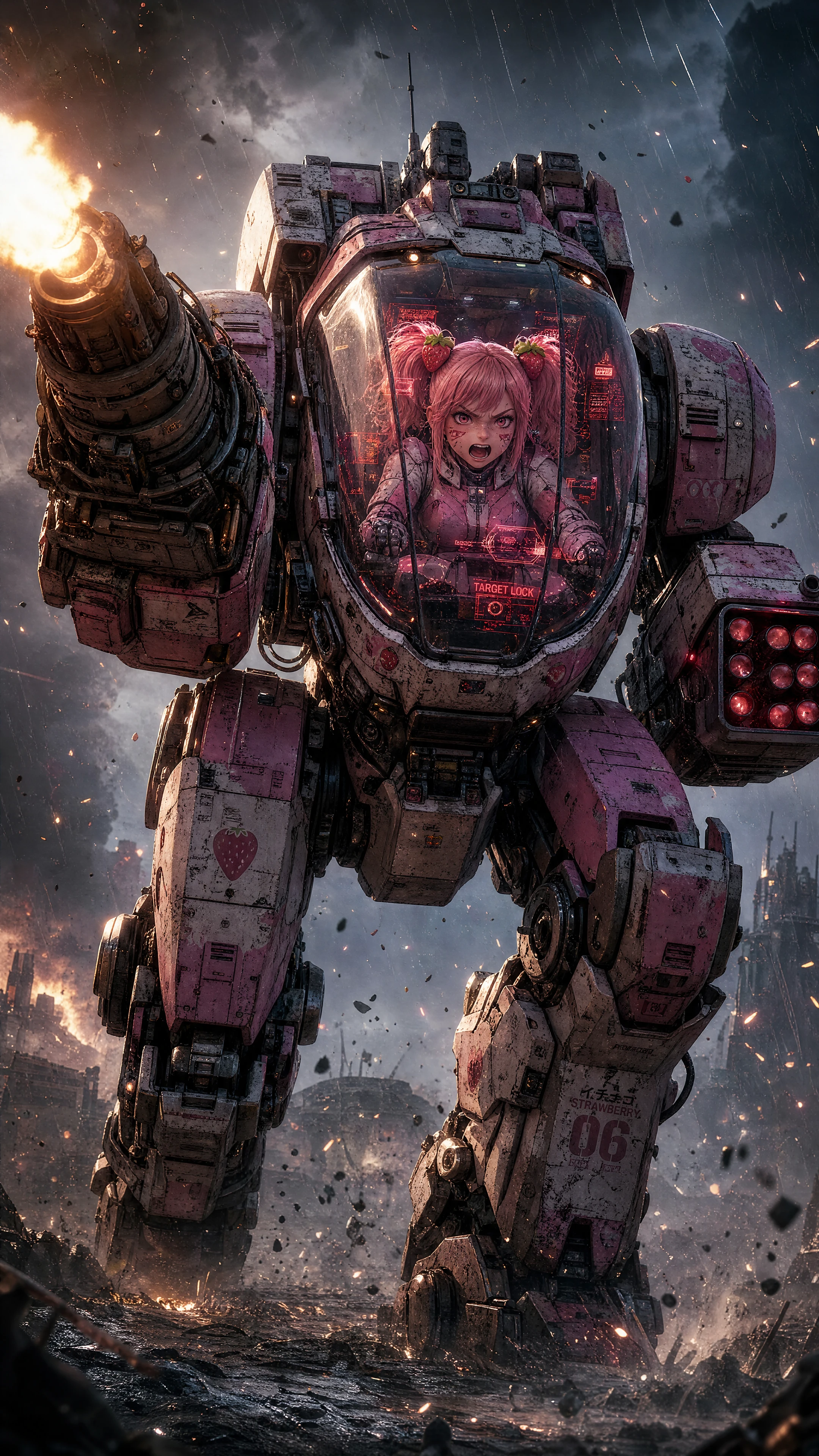 Giant war mecha striding through a rainy battlefield at dusk