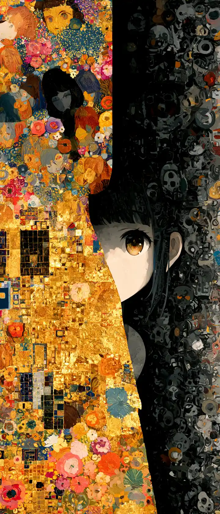 Allegorical anime girl in gold tapestry and dark symbols
