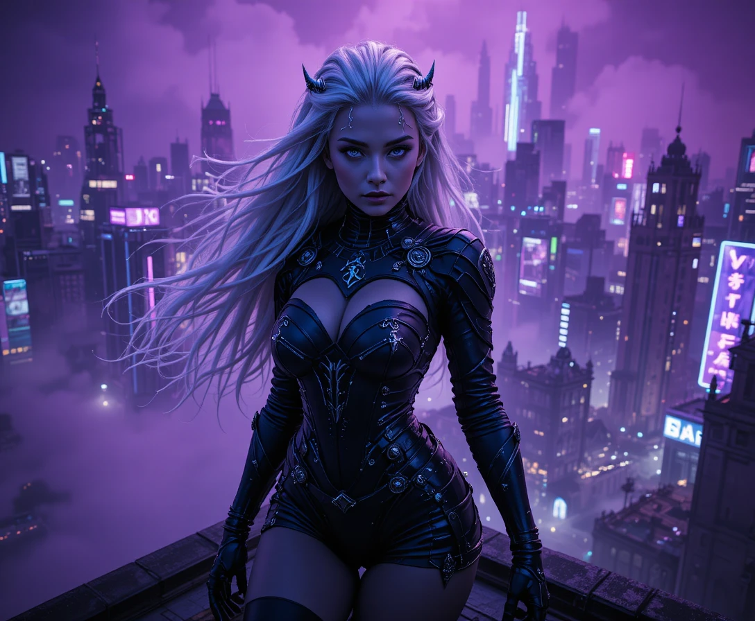 Assassine elfe noire sur un toit de ville cyberpunk néon