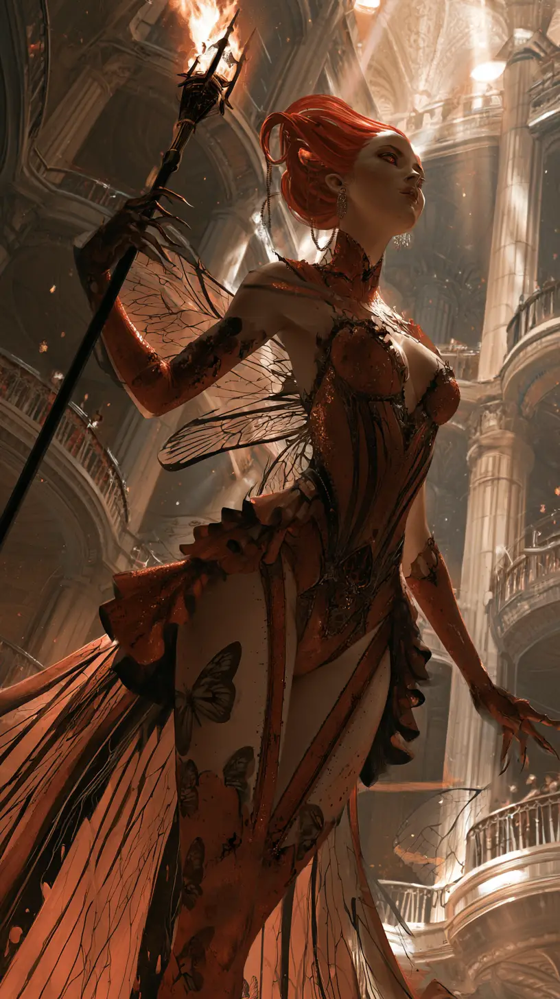 Femme hybride d’un autre monde avec bâton de feu et cheveux rouges