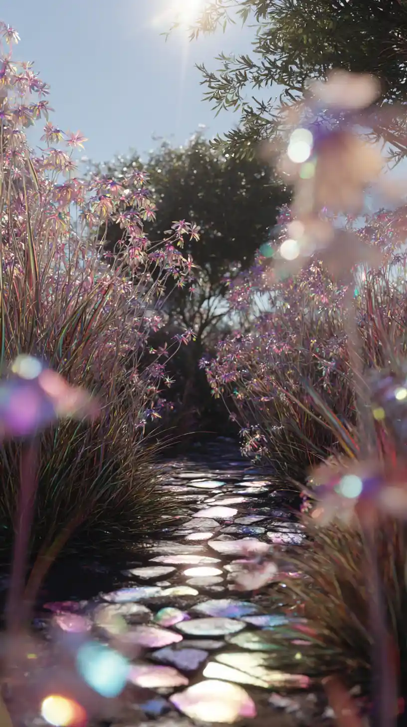 Iridescent fantasy garden with shimmering flowers and path