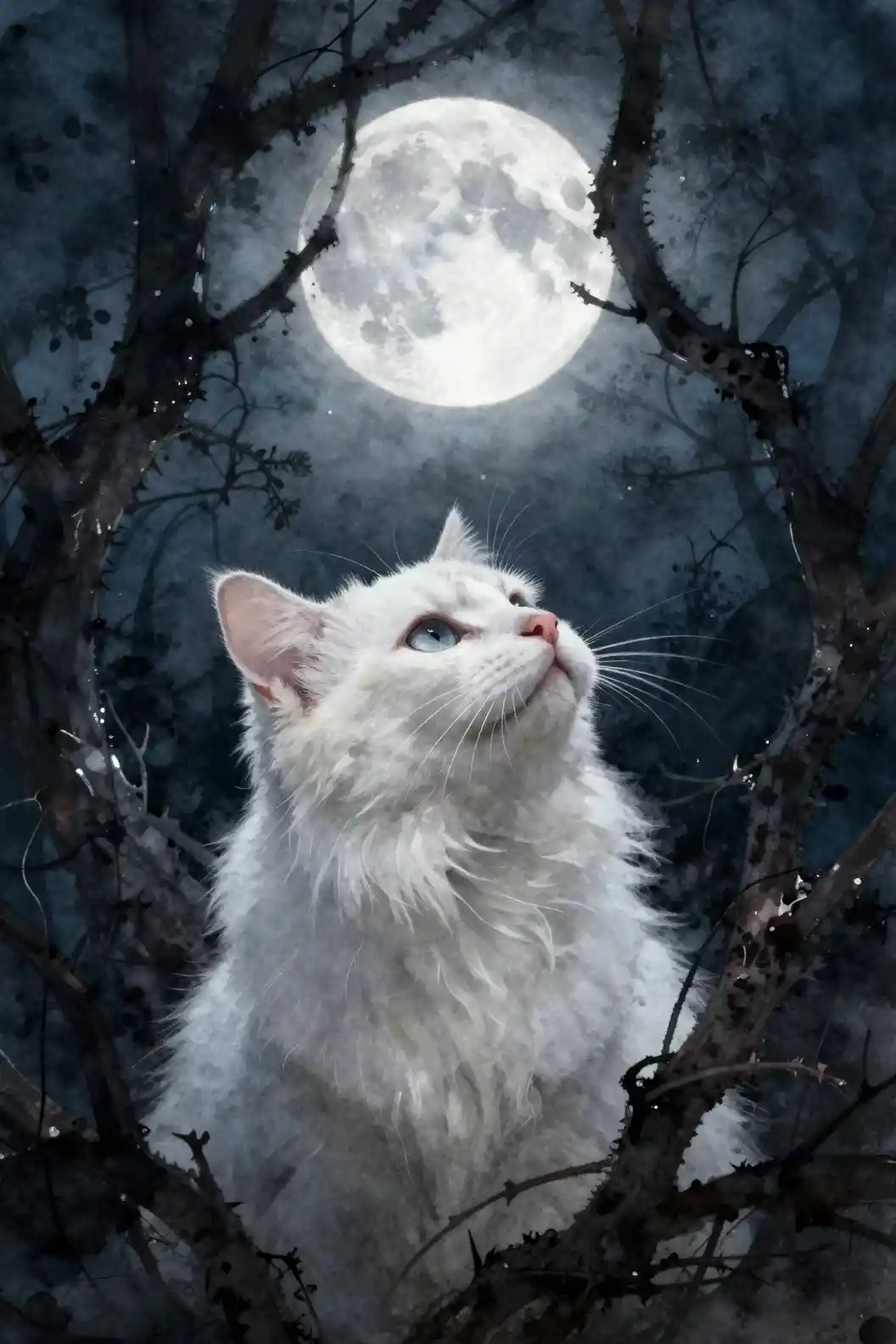 White cat in moonlit thorns under a dramatic full moon