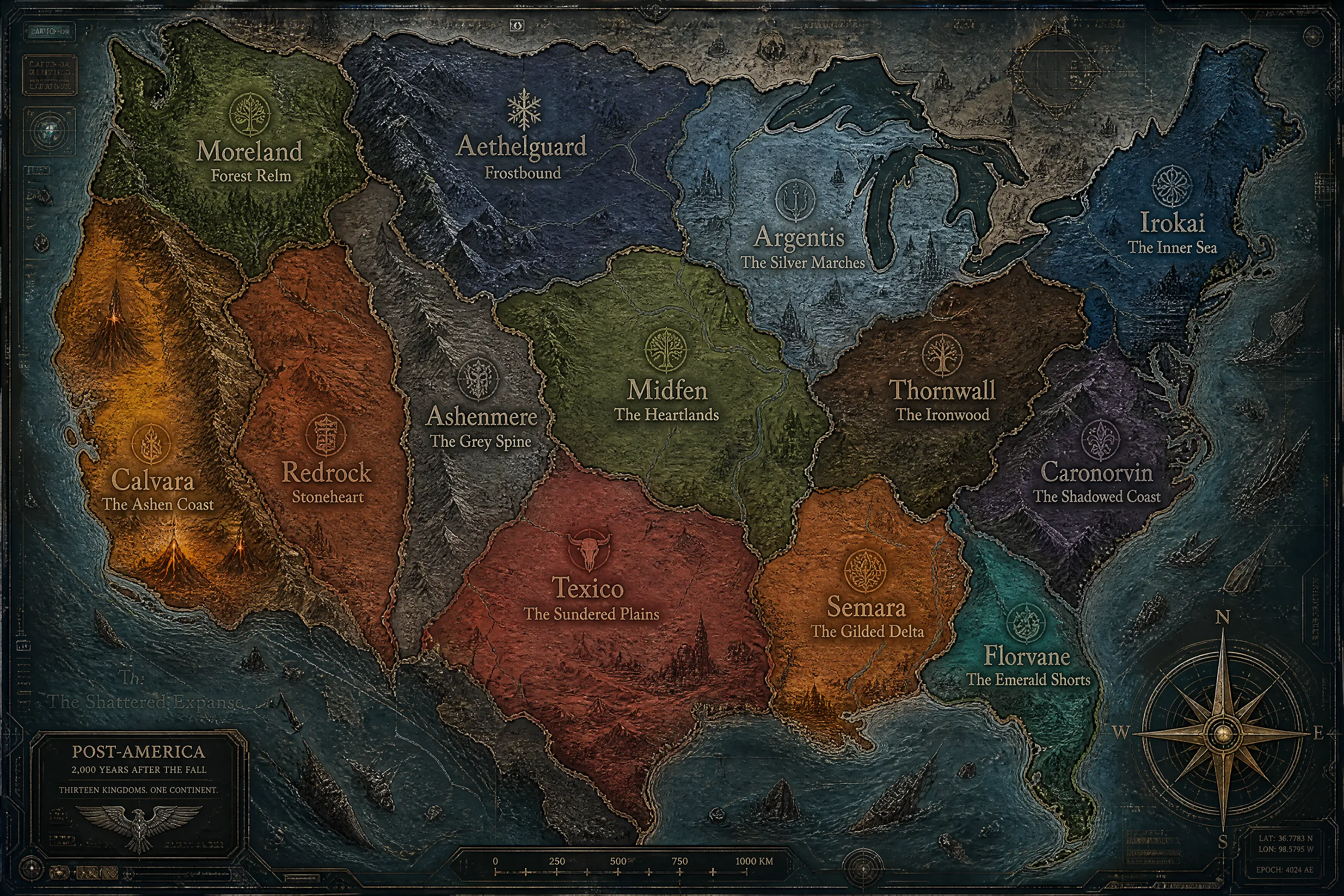 手描きのポストアポカリプス風ファンタジー北米地図
