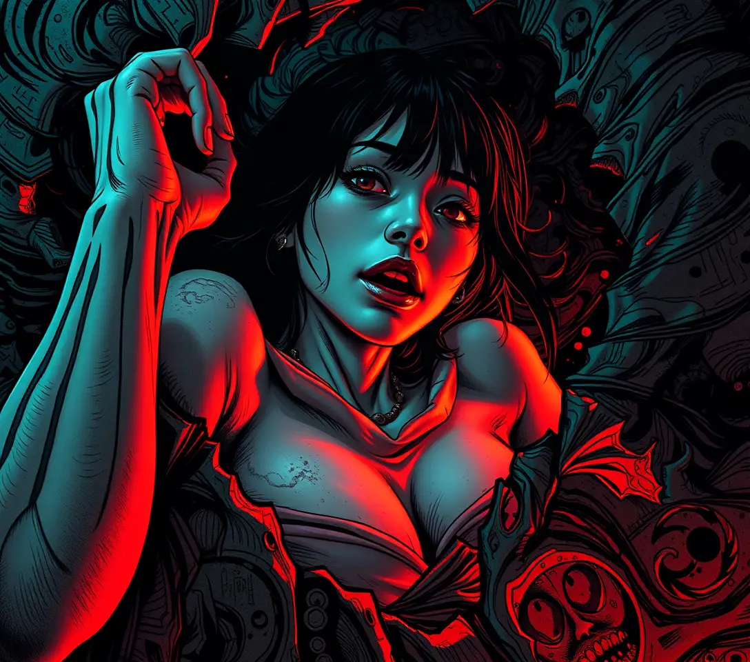 Surreal woman dissolving into swirling ink and shadow