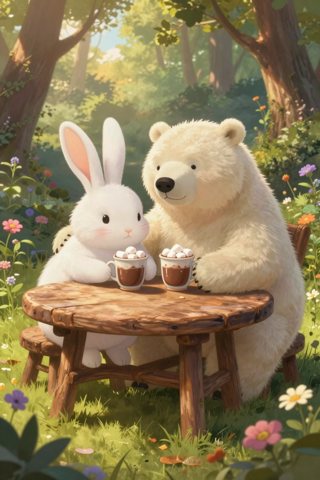 Coelho fofo e urso‑polar compartilhando chocolate quente ao ar livre