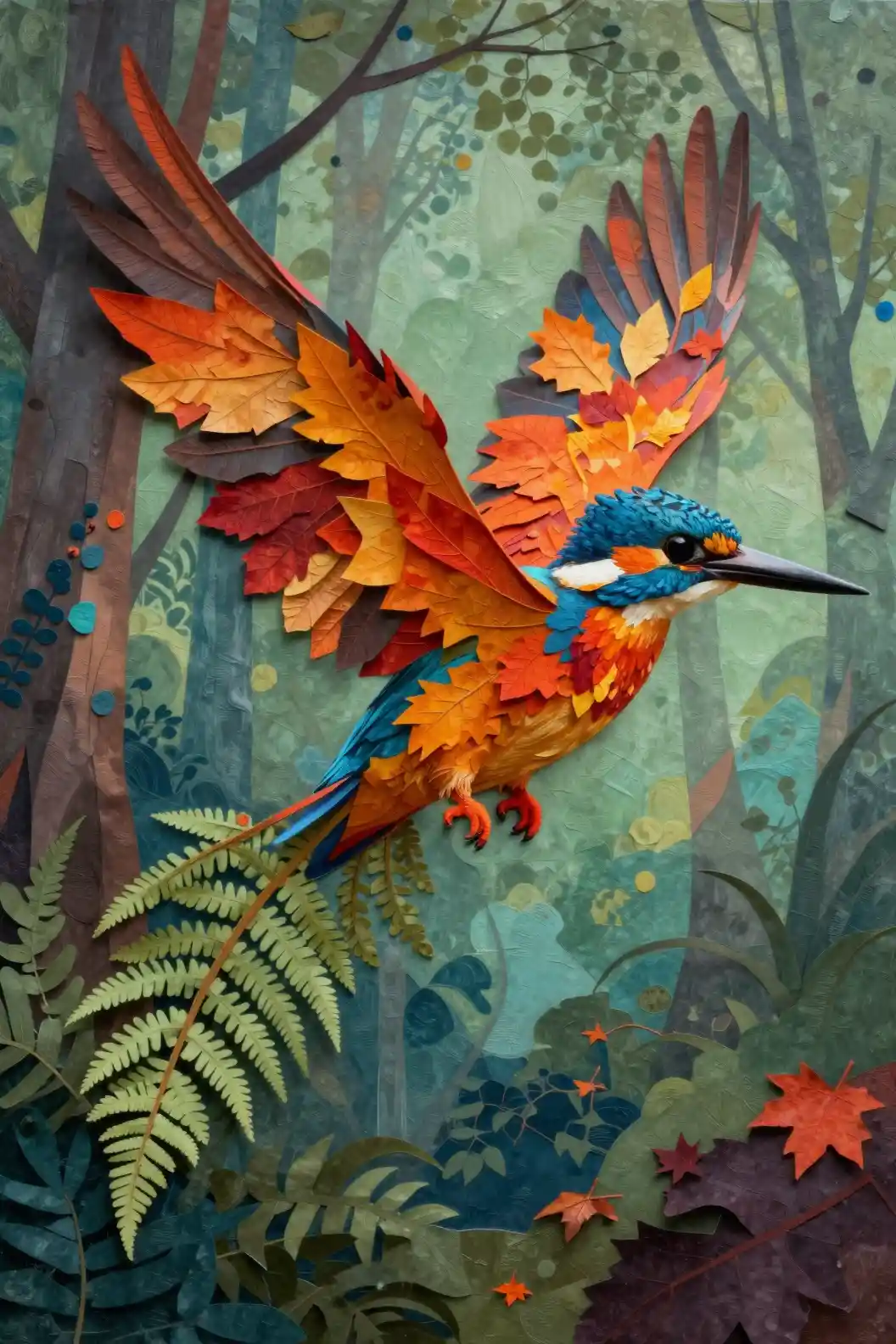 Surreal fantasy bird soaring above a dreamlike forest