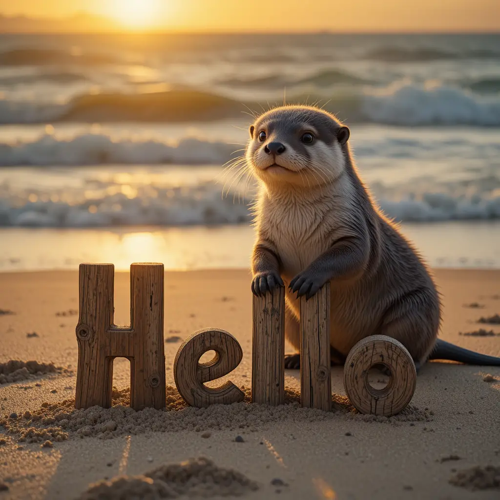 Adorable bébé loutre avec panneau en bois hello sur une plage au coucher du soleil