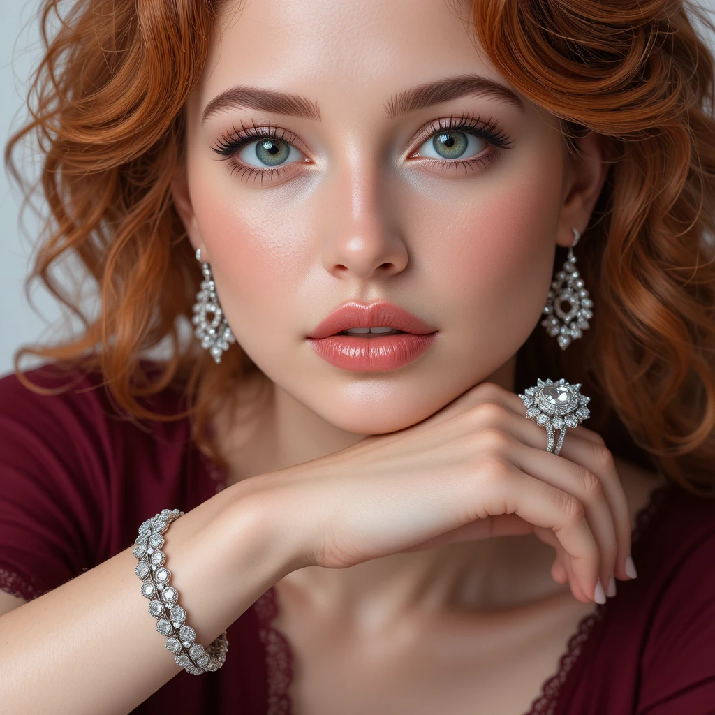 Close-up de mulher ruiva exibindo joias de diamante em estúdio