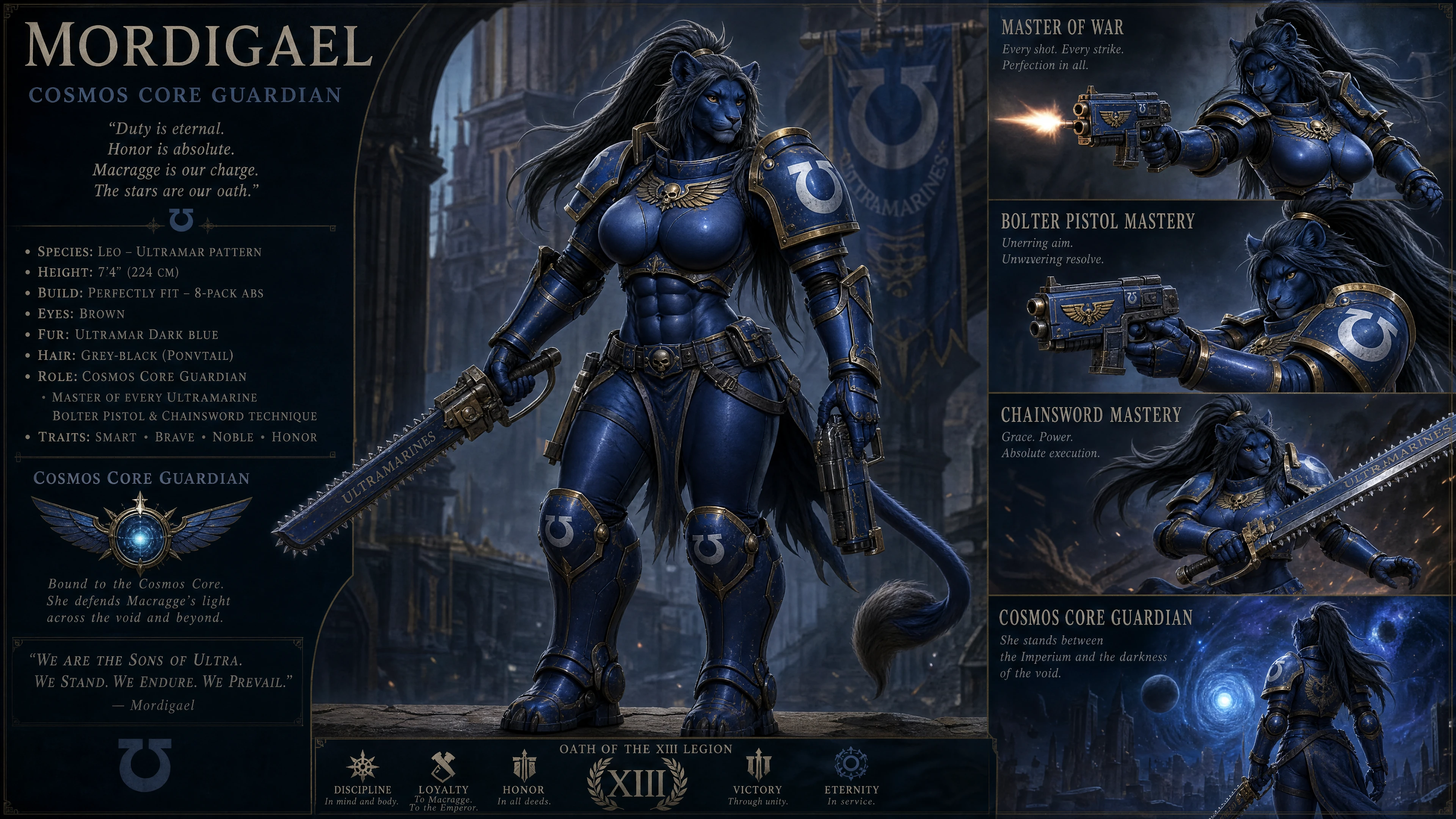 Guerreira leoa azul heroica em armadura cósmica