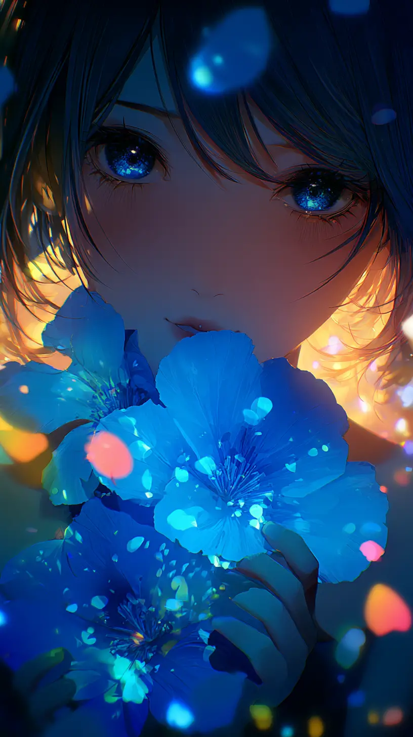 夢幻光影中捧著藍色發光花朵的動漫少女