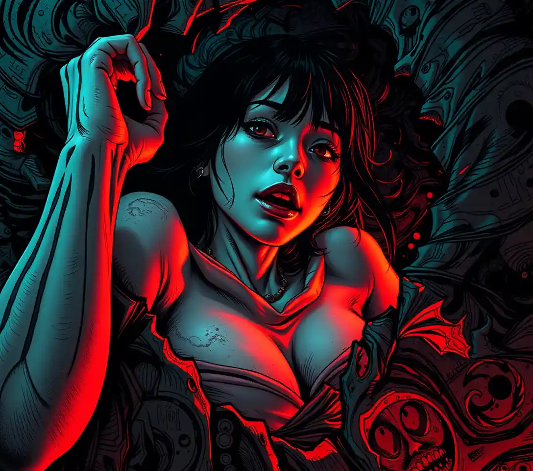 Surreal woman dissolving into swirling ink and shadow