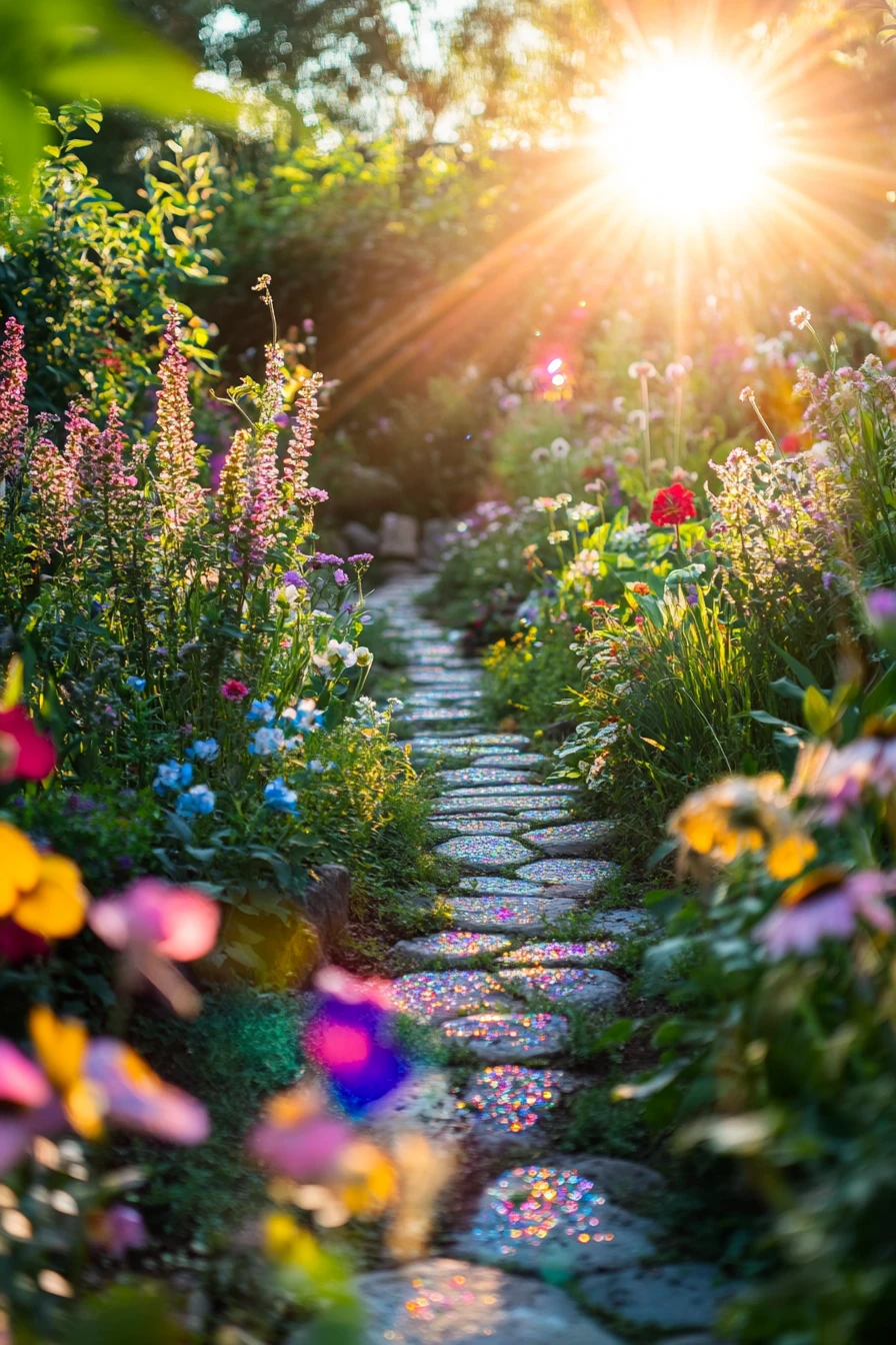 Jardin féerique iridescent avec fleurs miroir et sentier