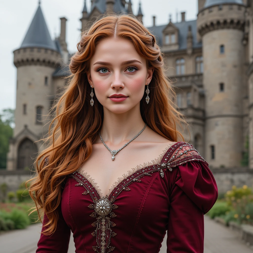 Jeune duchesse en robe rouge devant son château