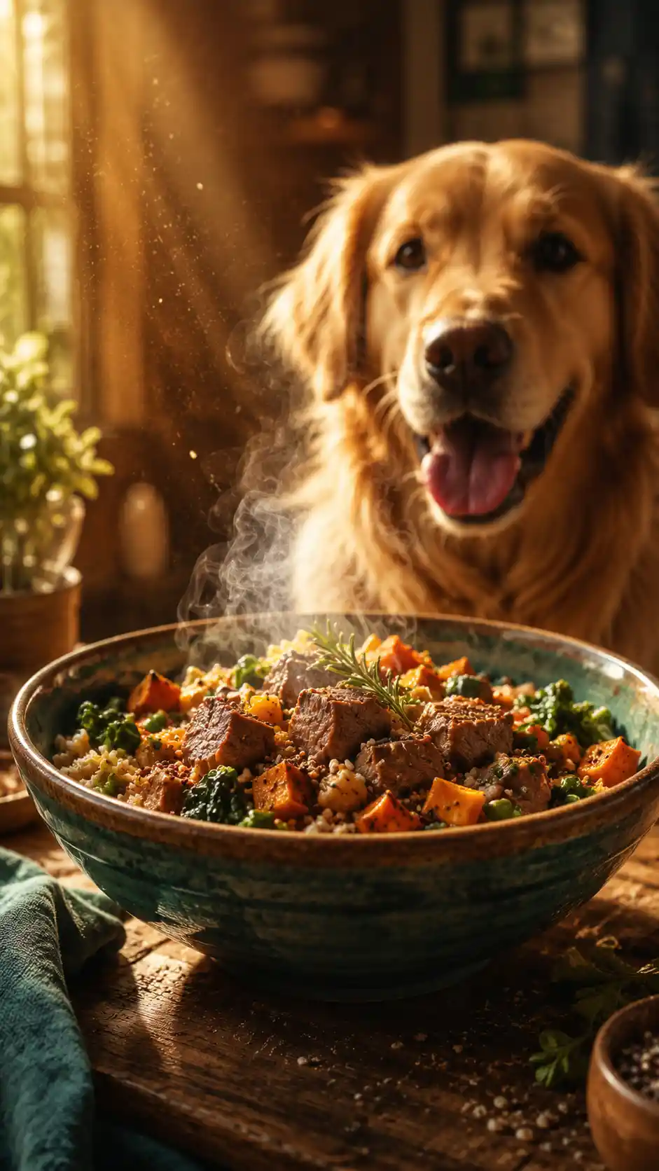 窗邊的溫暖寵物飼料碗與黃金獵犬