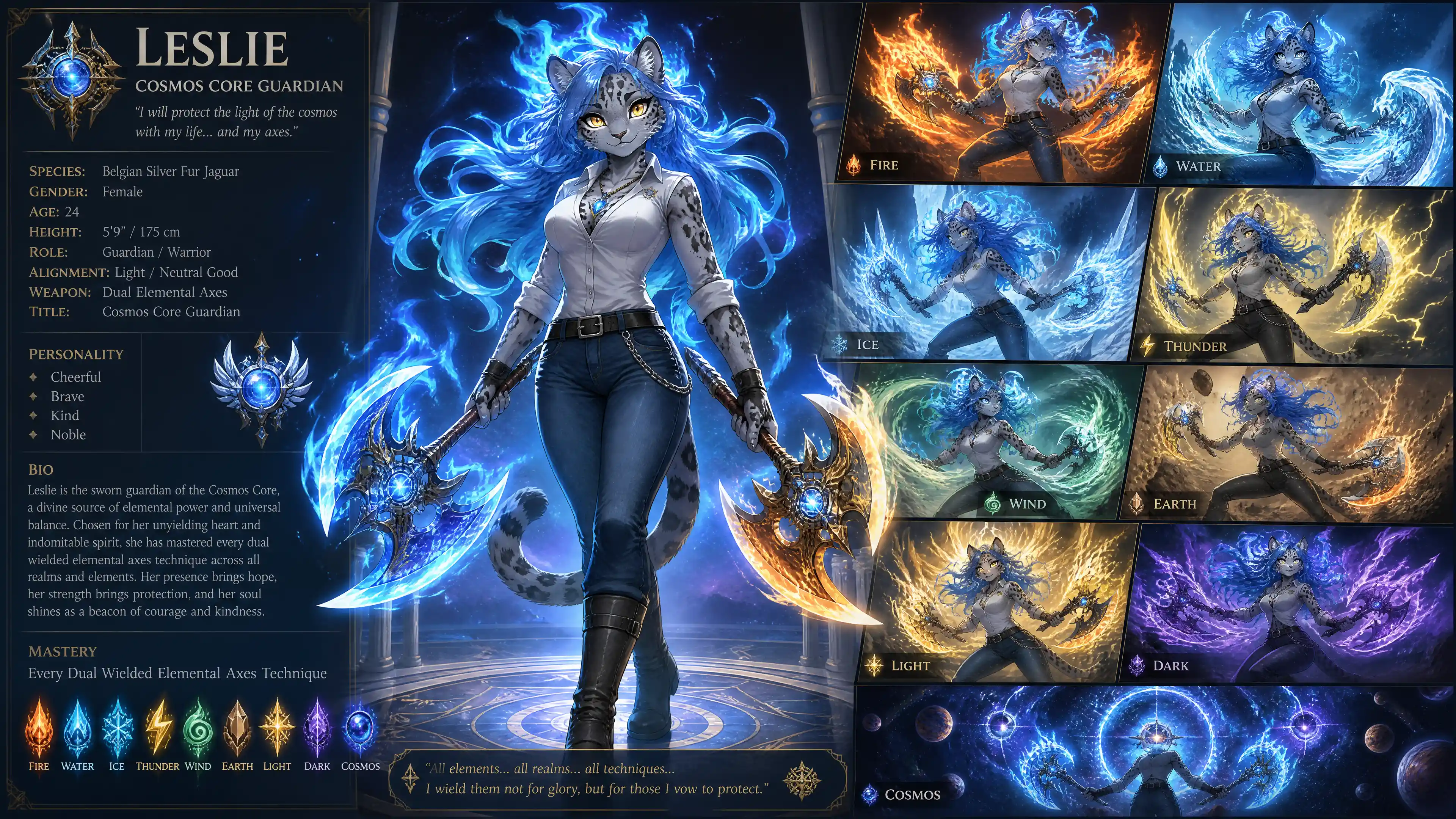 Blue haired jaguar warrior woman with elemental axes