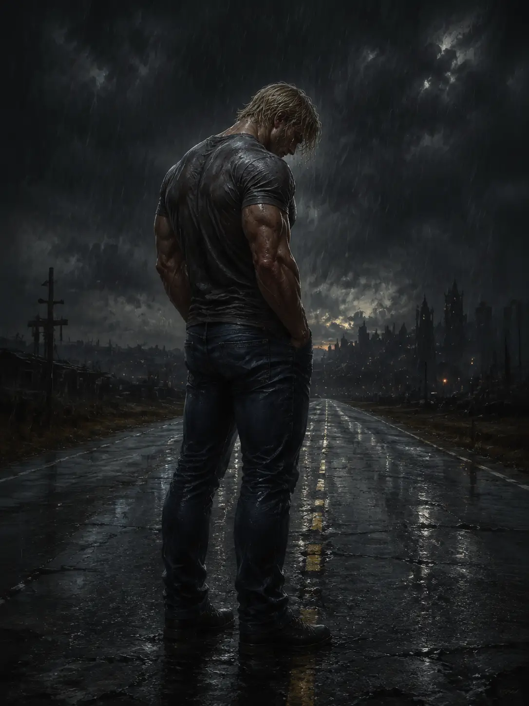 Hopeless muscular man standing alone on a rainy street